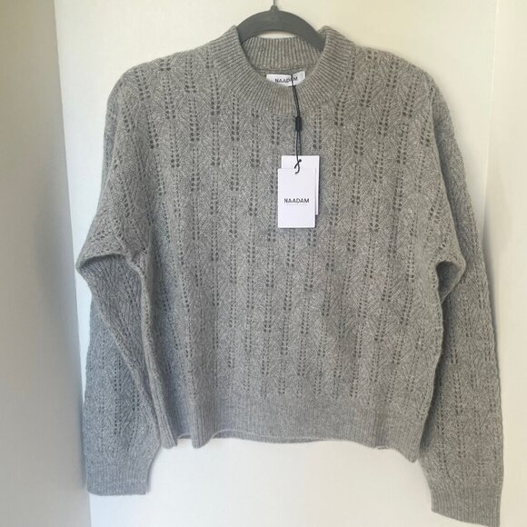 Naadam Cashmere Pointelle Knit Sweater Gray Medium Crewneck Relaxed Fit Classic - Picture 1 of 9